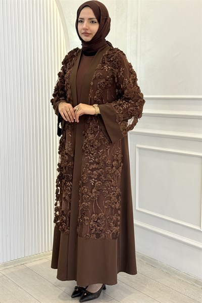 Büyük Beden Çiçek Detaylı Abaya Takım Kahve OTW3094
