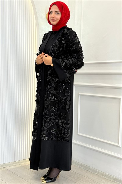 Büyük Beden Çiçek Detaylı Abaya Takım Siyah OTW3094