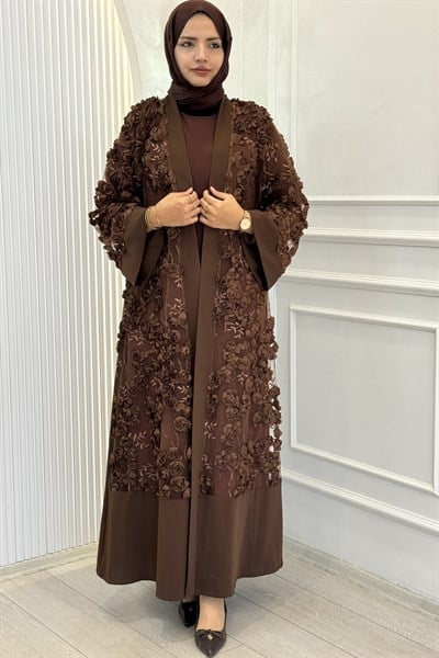Büyük Beden Çiçek Detaylı Abaya Takım Kahve OTW3094