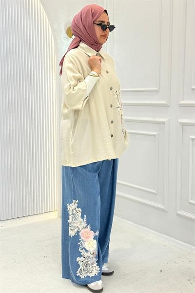 Büyük Beden Çiçek Nakış Detaylı Pantolonlu Takım Bej OTW1230