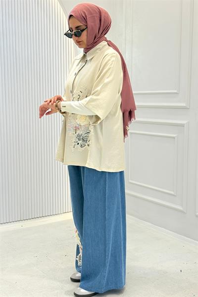 Büyük Beden Çiçek Nakış Detaylı Pantolonlu Takım Bej OTW1230