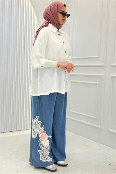 Büyük Beden Çiçek Nakış Detaylı Pantolonlu Takım Beyaz OTW1230