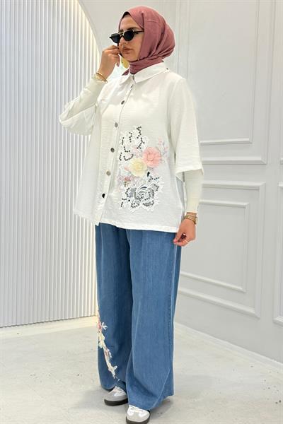 Büyük Beden Çiçek Nakış Detaylı Pantolonlu Takım Beyaz OTW1230