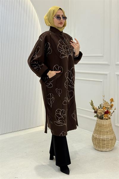 Büyük Beden Çiçek Nakışlı Kuşaklı Kaban Kahve OTW9389