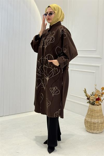Büyük Beden Çiçek Nakışlı Kuşaklı Kaban Kahve OTW9389