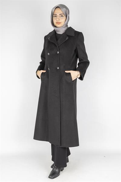 Büyük Beden Çift Düğmeli Kaşe Kaban Siyah OTW2790