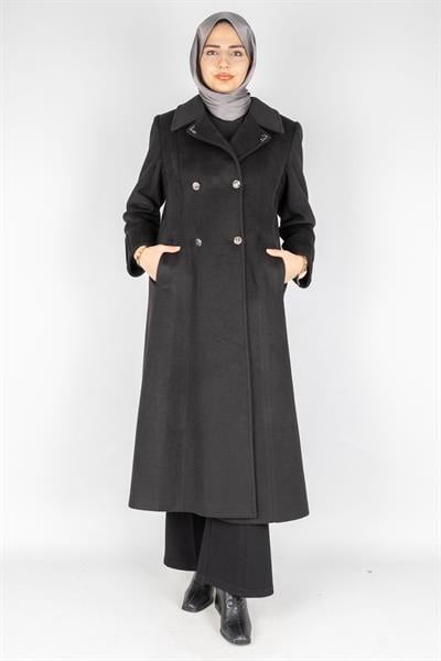 Büyük Beden Çift Düğmeli Kaşe Kaban Siyah OTW2790