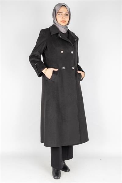 Büyük Beden Çift Düğmeli Kaşe Kaban Siyah OTW2790