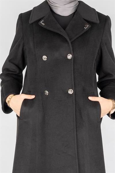 Büyük Beden Çift Düğmeli Kaşe Kaban Siyah OTW2790