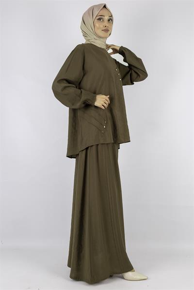 Büyük Beden Çımalı Etekli Takım Kahve OTW489