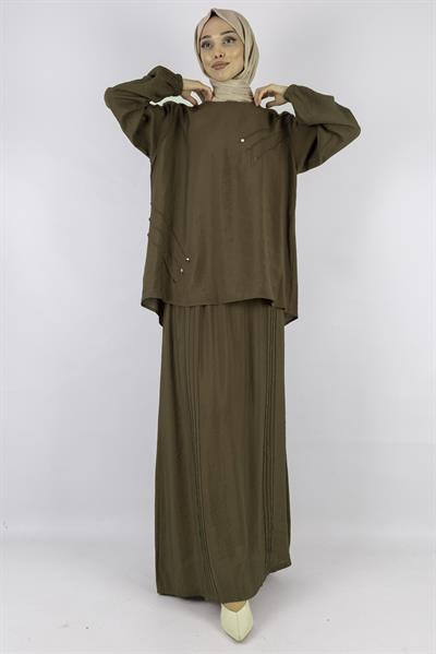 Büyük Beden Çımalı Etekli Takım Kahve OTW489