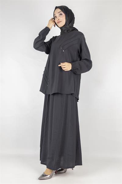 Büyük Beden Çımalı Etekli Takım Siyah OTW489