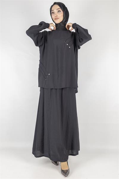 Büyük Beden Çımalı Etekli Takım Siyah OTW489