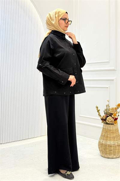 Büyük Beden Çıtçıt Detaylı Ceket Siyah OTW9592