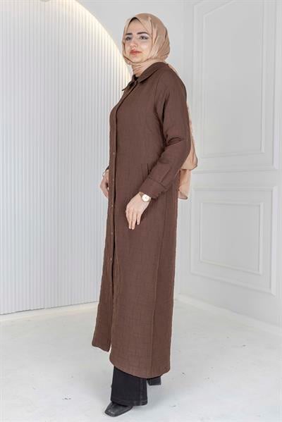 Büyük Beden Çıtçıtlı Kapitone Uzun Ferace Kahve OTW5190