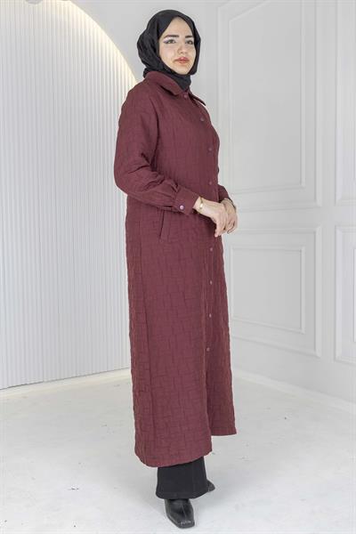 Büyük Beden Çıtçıtlı Kapitone Uzun Ferace Bordo OTW5190