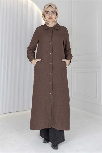 Büyük Beden Çıtçıtlı Kapitone Uzun Ferace Kahve OTW5190