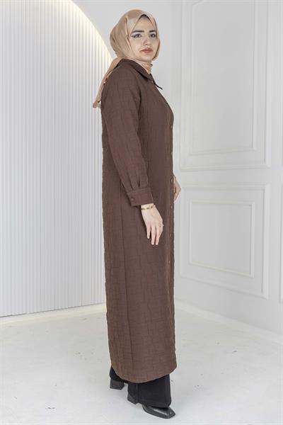 Büyük Beden Çıtçıtlı Kapitone Uzun Ferace Kahve OTW5190