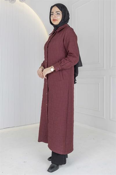Büyük Beden Çıtçıtlı Kapitone Uzun Ferace Bordo OTW5190