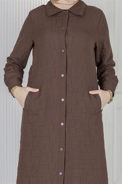 Büyük Beden Çıtçıtlı Kapitone Uzun Ferace Kahve OTW5190