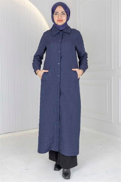Büyük Beden Çıtçıtlı Kapitone Uzun Ferace Lacivert OTW5190