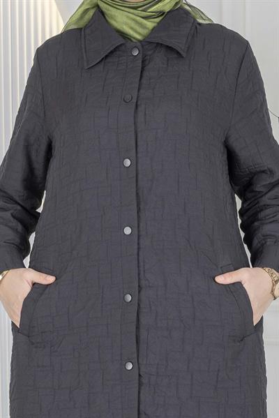 Büyük Beden Çıtçıtlı Kapitone Uzun Ferace Siyah OTW5190