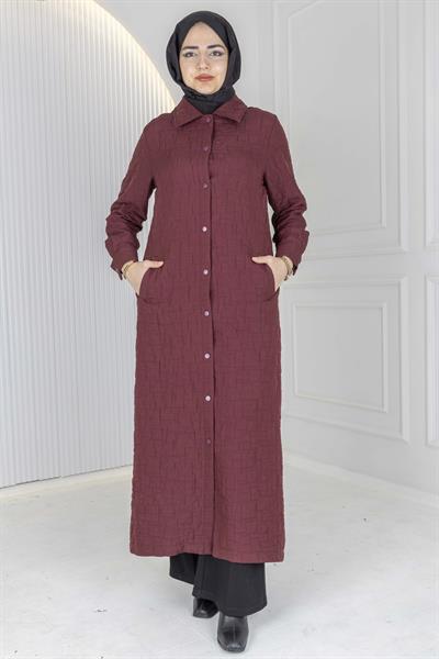 Büyük Beden Çıtçıtlı Kapitone Uzun Ferace Bordo OTW5190