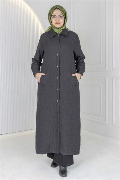 Büyük Beden Çıtçıtlı Kapitone Uzun Ferace Siyah OTW5190