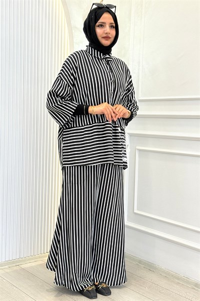 Büyük Beden Çizgili Gömlek Pantolon Takım Siyah-Kemik OTW2676