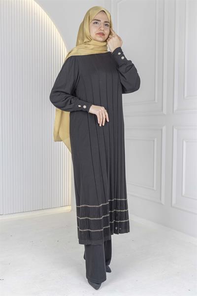 Büyük Beden Çizgili Merserize Triko Elbise & Tunik Siyah-Gold OTW13939