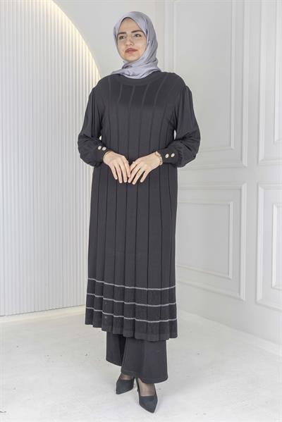 Büyük Beden Çizgili Merserize Triko Elbise & Tunik Siyah-Gümüş OTW13939