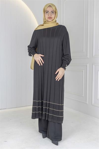 Büyük Beden Çizgili Merserize Triko Elbise & Tunik Siyah-Gold OTW13939