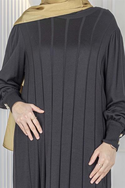 Büyük Beden Çizgili Merserize Triko Elbise & Tunik Siyah-Gold OTW13939