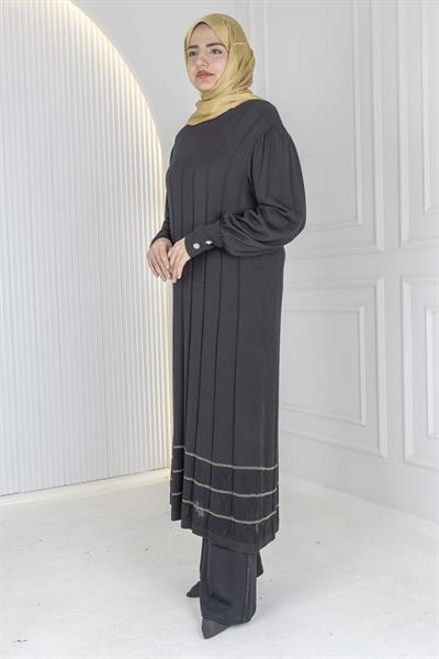 Büyük Beden Çizgili Merserize Triko Elbise & Tunik Siyah-Gold OTW13939