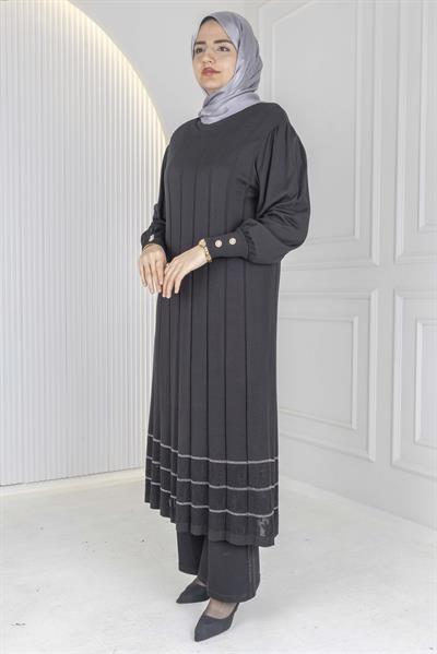 Büyük Beden Çizgili Merserize Triko Elbise & Tunik Siyah-Gümüş OTW13939