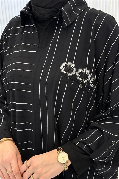 Büyük Beden Çizgili Tunik Pantolon Takım Siyah OTW4021
