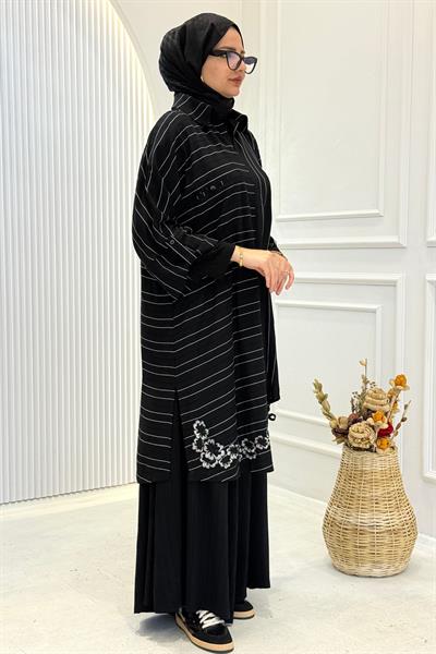 Büyük Beden Çizgili Tunik Pantolon Takım Siyah OTW4021