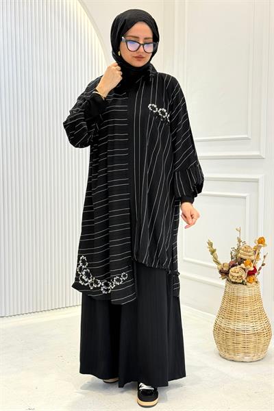 Büyük Beden Çizgili Tunik Pantolon Takım Siyah OTW4021