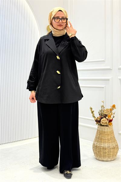 Büyük Beden Cotton Kumaş Kelebek Aplikeli Ceket Siyah OTW3946