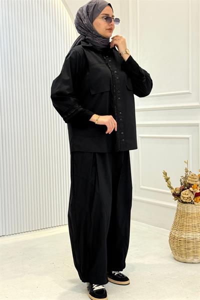 Büyük Beden Cotton Kumaş Şalvar Pantolonlu Takım Siyah OTW3971