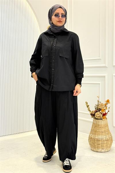 Büyük Beden Cotton Kumaş Şalvar Pantolonlu Takım Siyah OTW3971