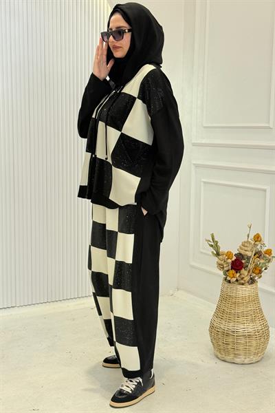 Büyük Beden Dama Desenli Kapüşonlu Spor Takım Siyah OTW9267