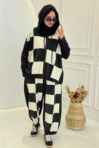 Büyük Beden Dama Desenli Kapüşonlu Spor Takım Siyah OTW9267