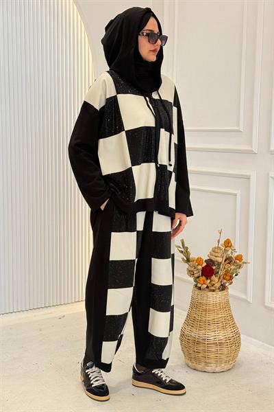 Büyük Beden Dama Desenli Kapüşonlu Spor Takım Siyah OTW9267