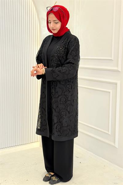Büyük Beden Dantel Ceket İçlik İkili Takım Siyah OTW26118