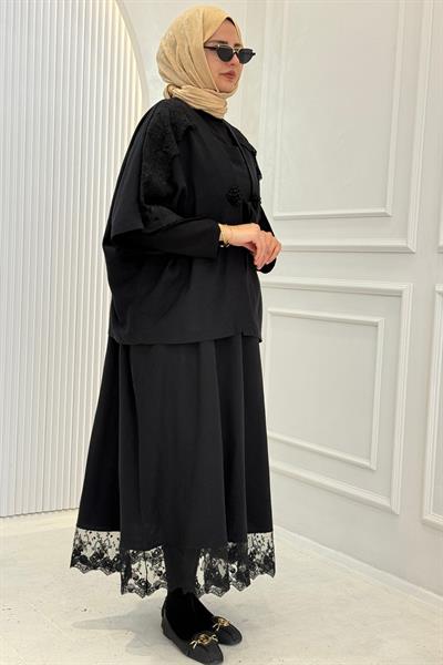 Büyük Beden Dantel Detaylı Elbise Takım Siyah OTW1366