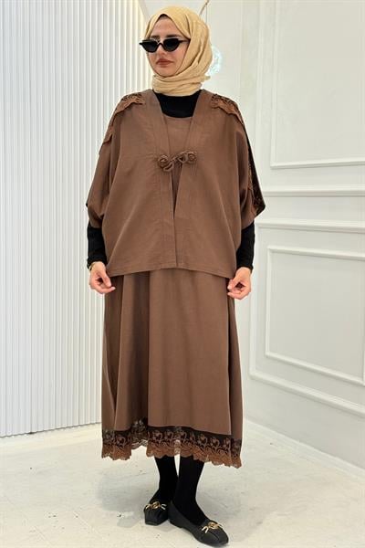 Büyük Beden Dantel Detaylı Elbise Takım Kahve OTW1366