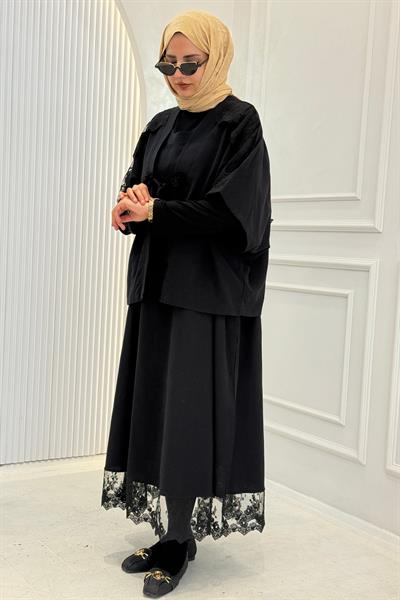 Büyük Beden Dantel Detaylı Elbise Takım Siyah OTW1366