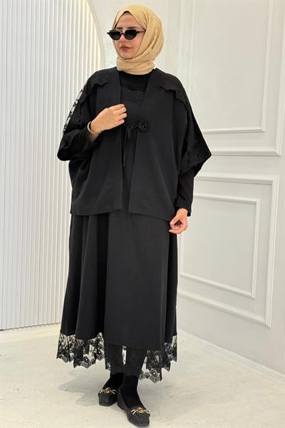 Büyük Beden Dantel Detaylı Elbise Takım Siyah OTW1366