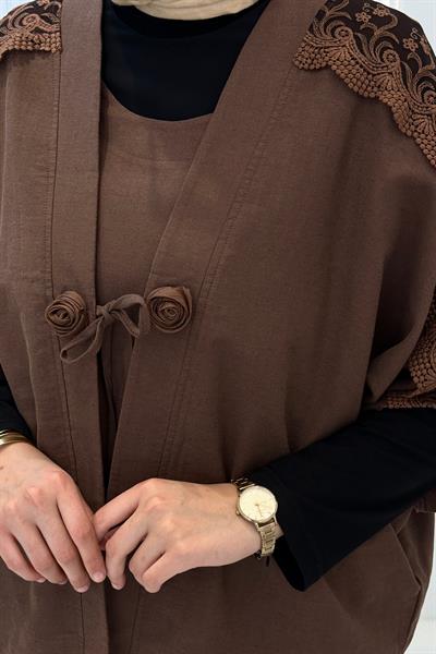 Büyük Beden Dantel Detaylı Elbise Takım Kahve OTW1366